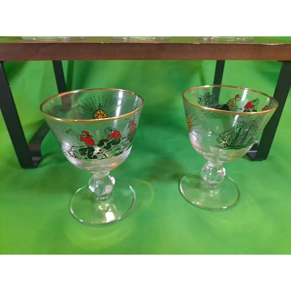 Vintage Libbey /Set of 5 /Treasure‎ Island Pirates /8 oz. Gold Rim Bar  Glasses